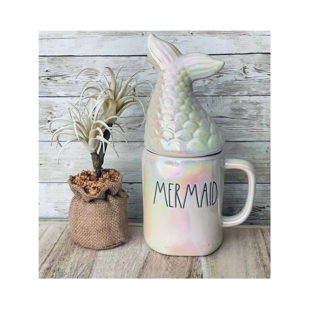 NWT Adorable Rae Dunn "MERMAID” White Iridescent Ceramic Mug & Mermaid Tail Lid